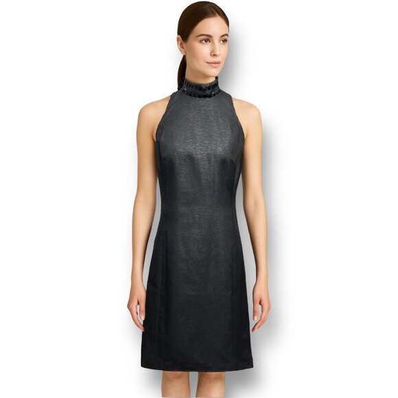 Michael Kors 2 Black Sheath Textured Dress Beaded Neck Sleeveless Cocktail Party - Picture 1 of 10